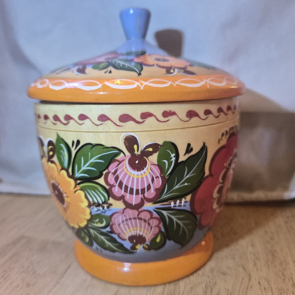 Handcrafted Vintage Hand Painted Floral Wooden Jar with Lid